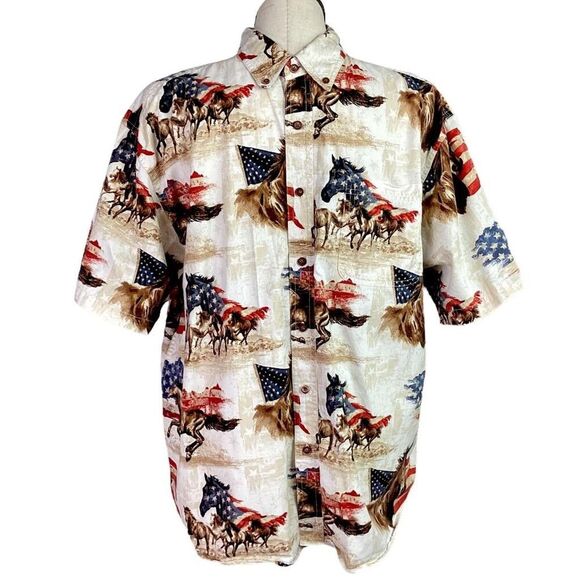 Bit & Bridle Shirt Mens XL Ivory Western US Flag Horse Rodeo Cowboy Patriotic - Picture 1 of 6